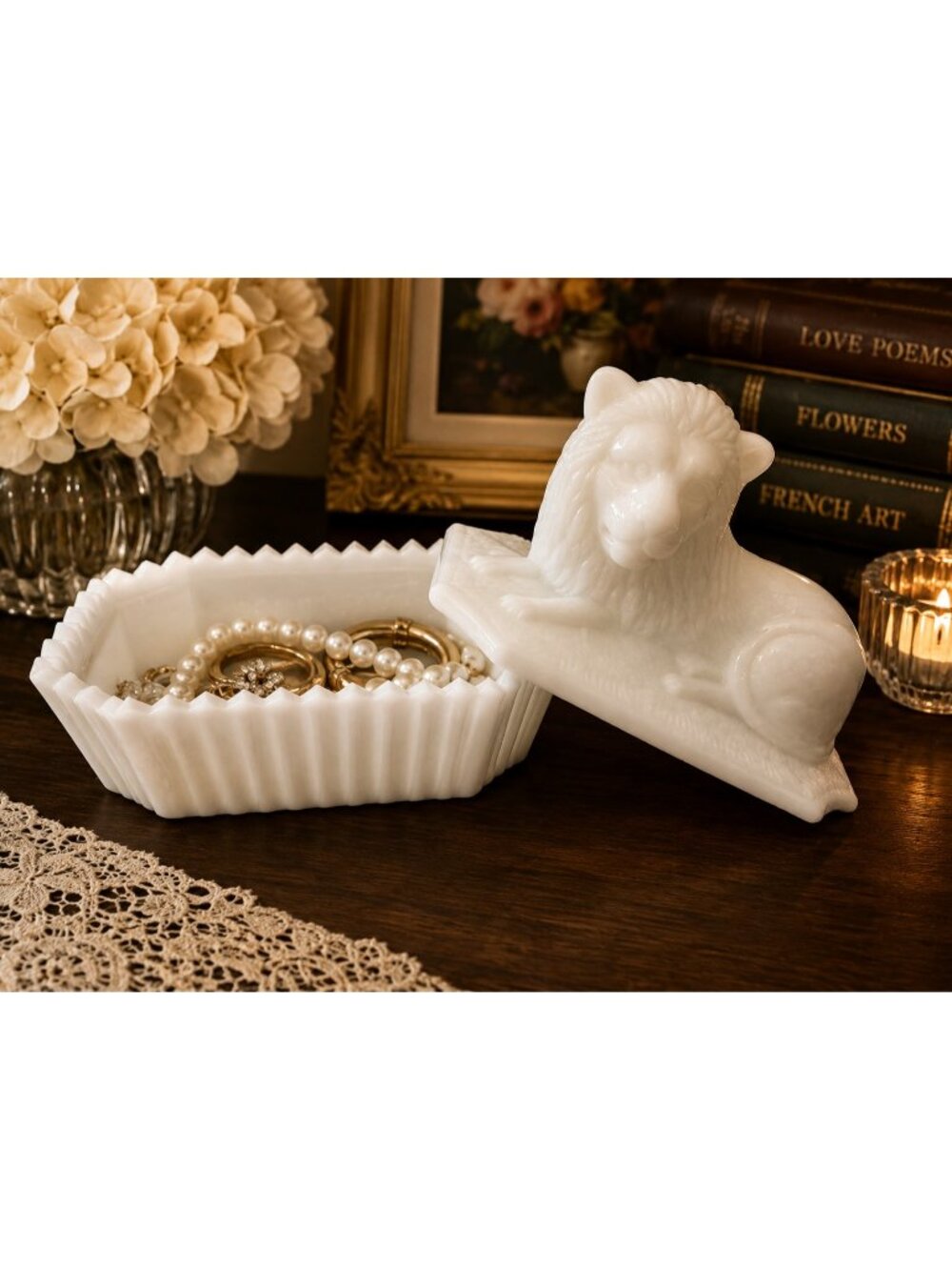 Vintage White Milk Glass Lion Lidded Covered Keepsake Trinket Box Candy Dish